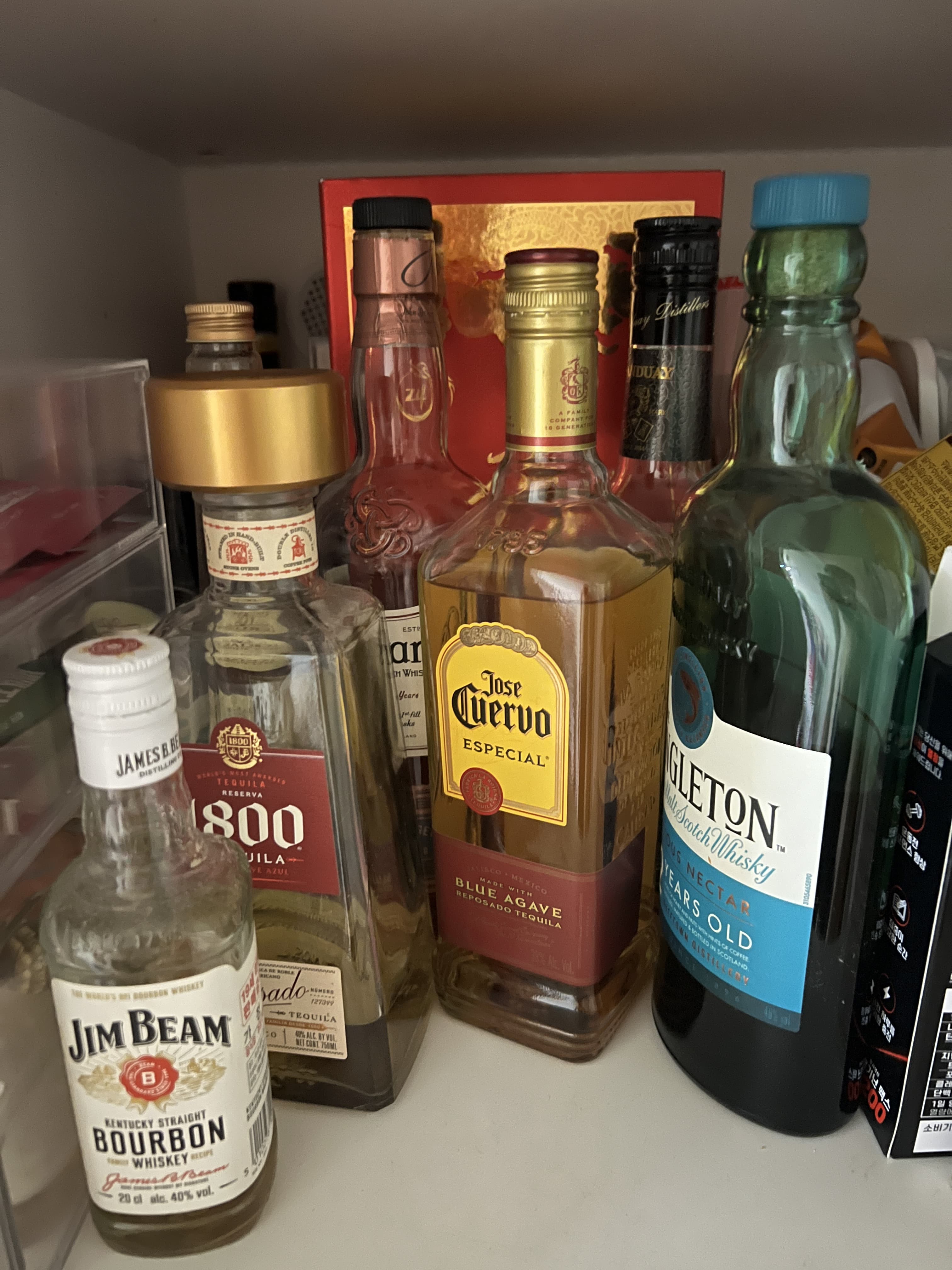 Whisky and other spirit bottles collected inside a cupboard