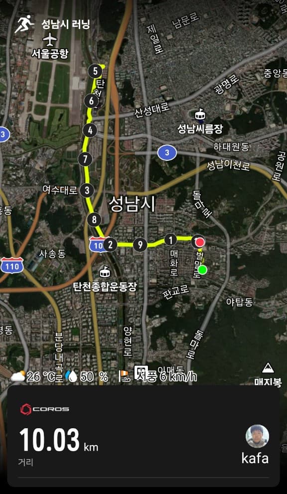 성남 지역의 두 번째 훈련 경로와 10.03km 기록이 표시된 코로스 지도 화면