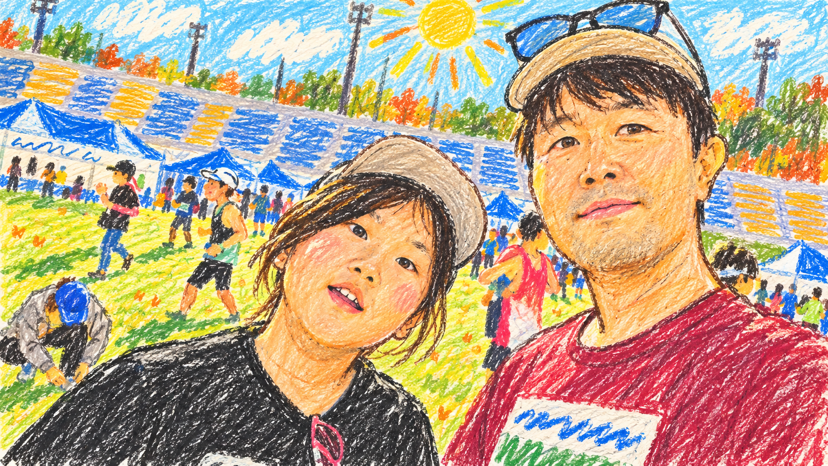 An elementary-school colored-pencil-style illustration of a father and daughter in caps and running clothes at the Andong Marathon venue