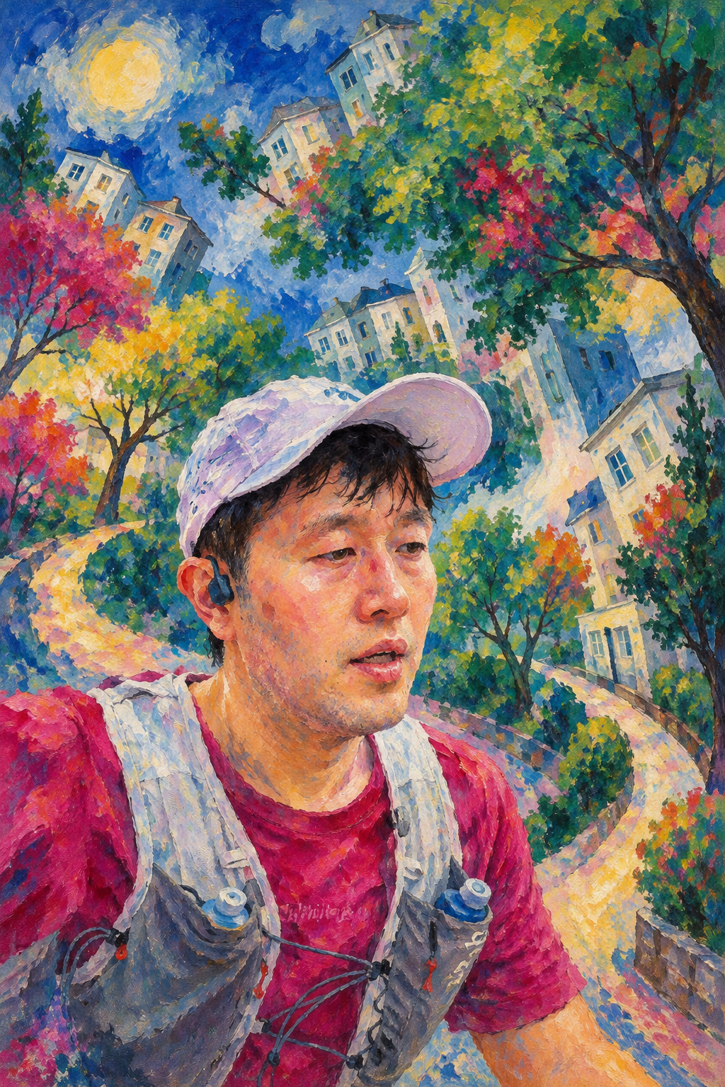 A dreamlike painting of a runner in a lilac cap, magenta shirt and grey hydration vest amid tilted houses, winding paths and vividly colored trees